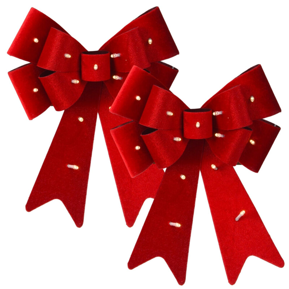 (2x bows) 30cm Decorative Hanging Tree Top Topper Light Red Bow with Battery LED Lights