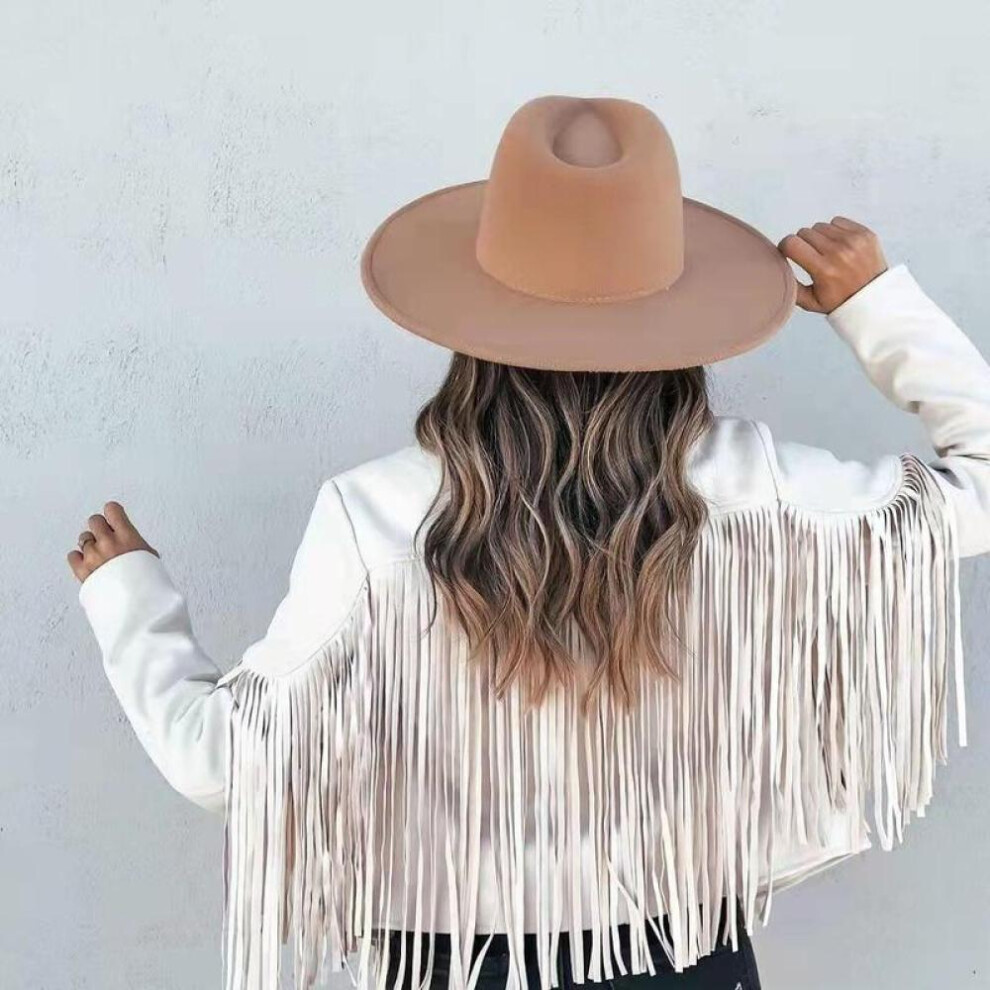 (white, M) Women&apos;s Deerskin Jacket Lapel Fringe Short Coat Leather Coat
