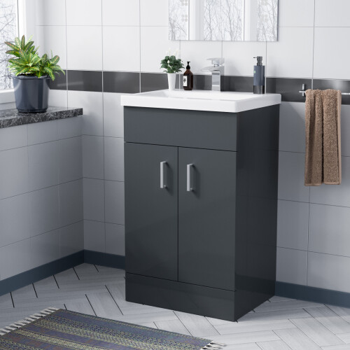 NES Home Nes Home Dark Grey 500mm Floor Standing Vanity Unit & White Basin Flat Pack