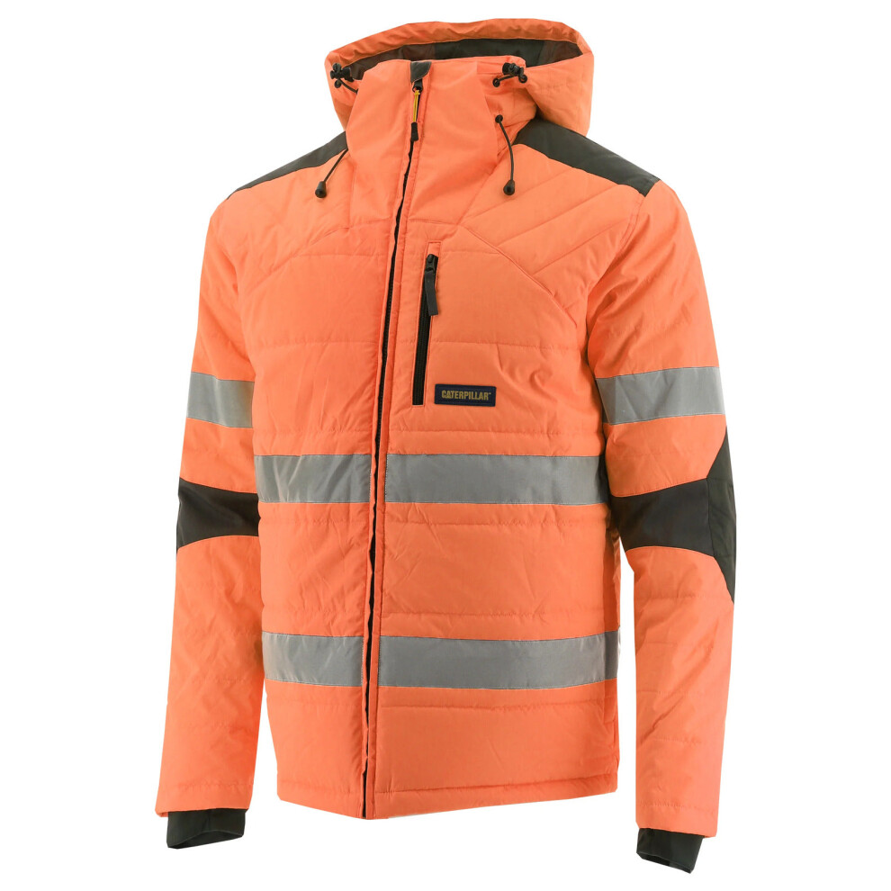 (S) Caterpillar Mens Boreas Hi-Vis Puffer Jacket w Hood Water Resistant CAT - Orange