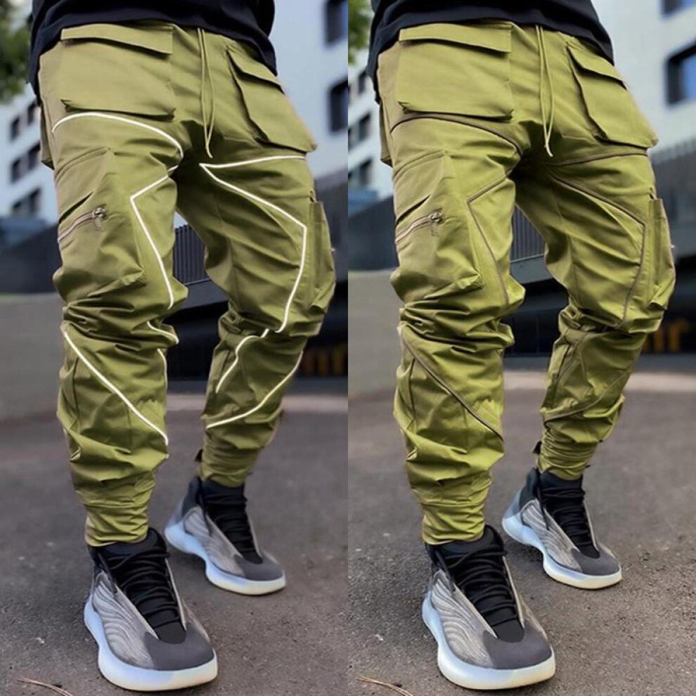 (army green, XXXL) Spring Men's Casual Trousers Loose Large Size Work Trousers Men's Tide Card Drawstring Leg Opening Velcro Sports Trousers