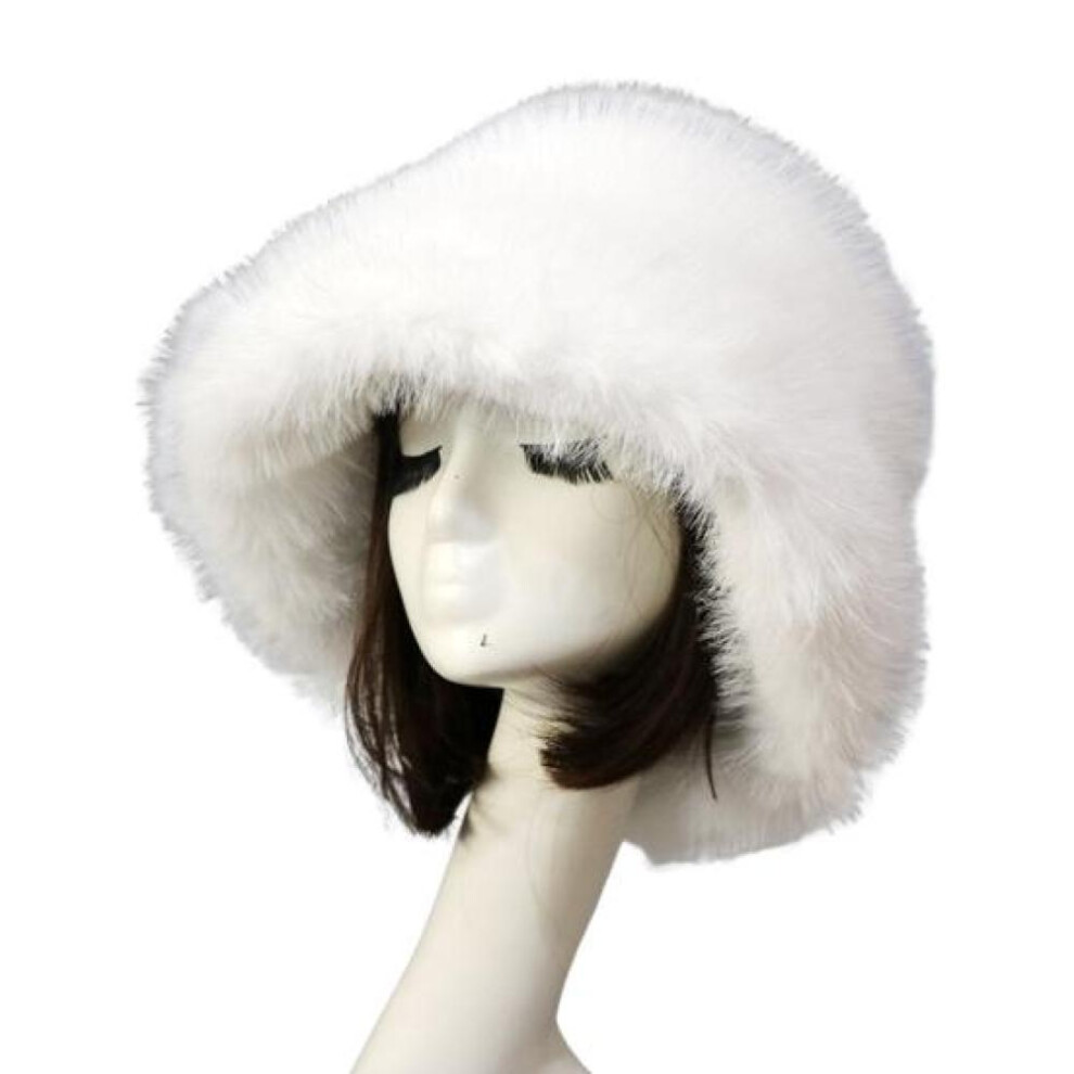 (white) Bucket Hat Oversized Fluffy Wide Brim Thickened Ear Soft Protection Faux Fur Winter