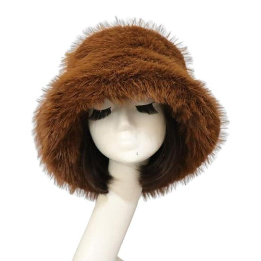 (brown) Bucket Hat Oversized Fluffy Wide Brim Thickened Ear Soft Protection Faux Fur Winter