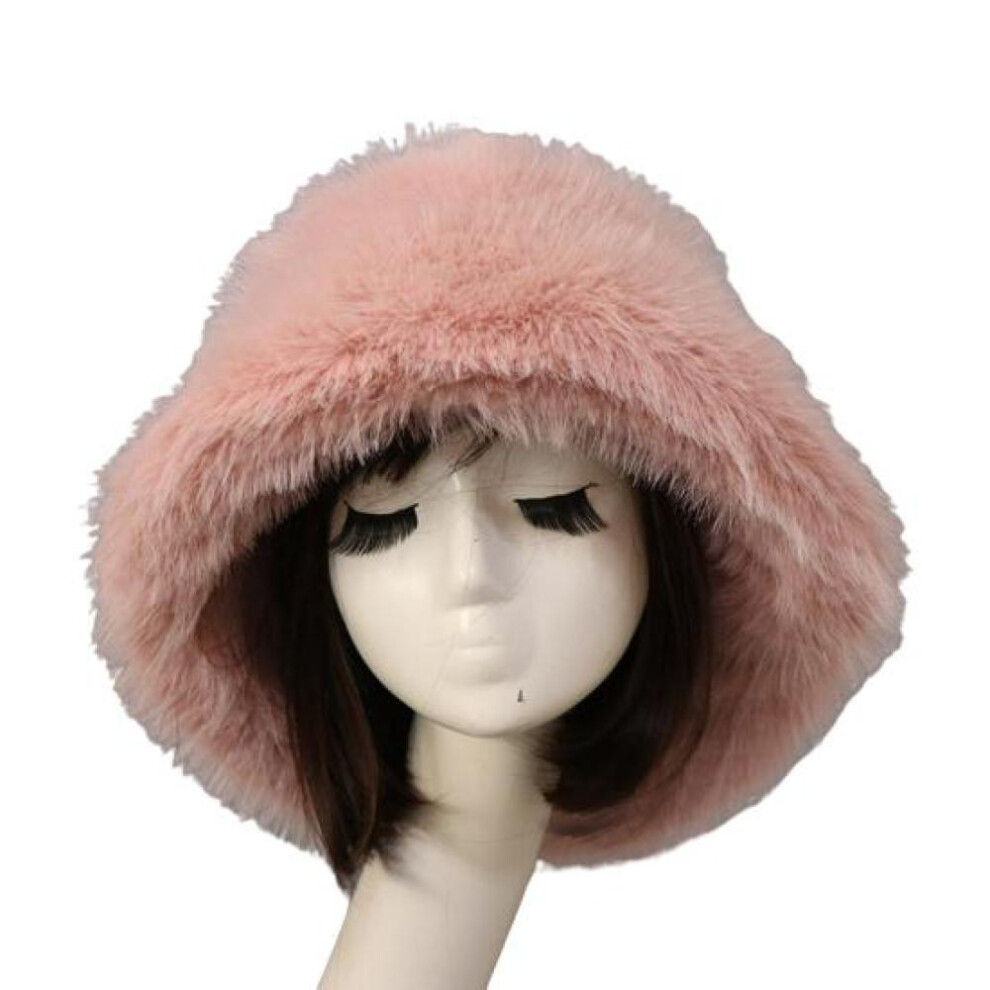 (pink) Bucket Hat Oversized Fluffy Wide Brim Thickened Ear Soft Protection Faux Fur Winter