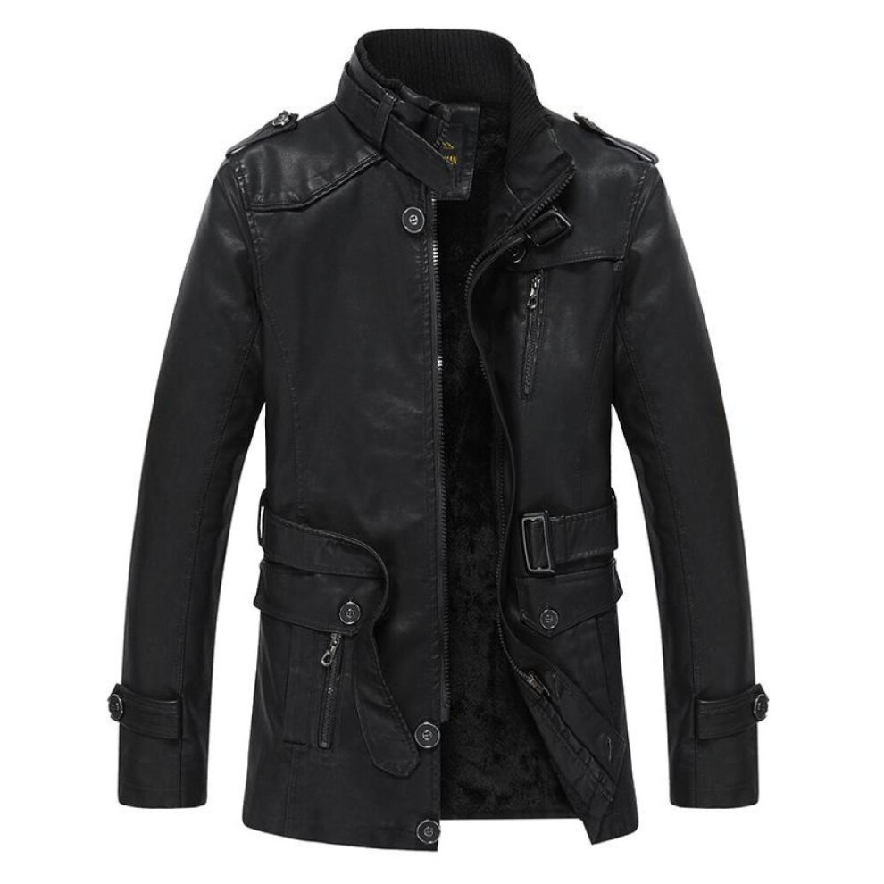 (black, XL) Men&apos;s Winter Long Thickening Fleece-lined Coat Warm Long Trench Leather Jacket Outerwear