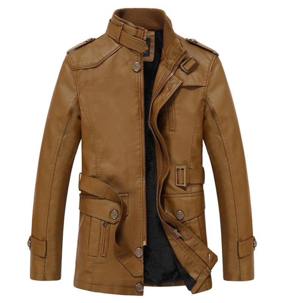 (earth yellow, XXXXL) Men&apos;s Winter Long Thickening Fleece-lined Coat Warm Long Trench Leather Jacket Outerwear