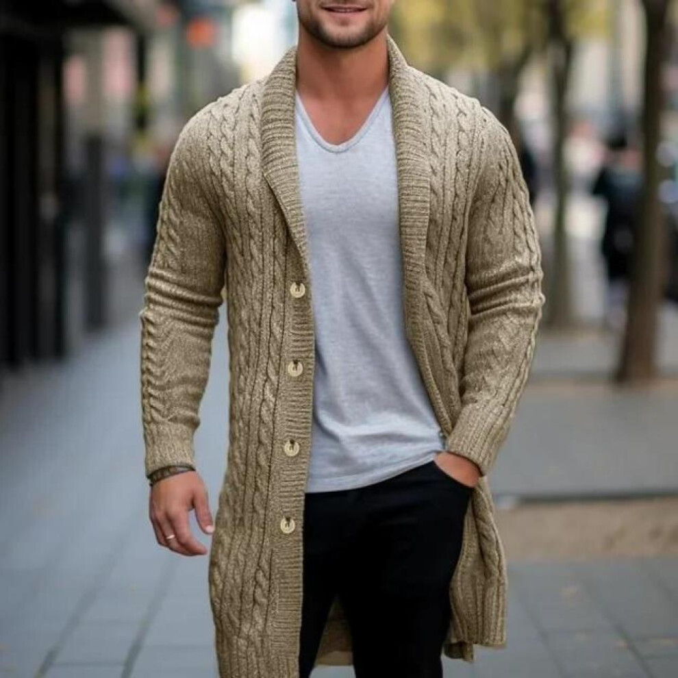 (khaki, XXL) Woolen Trench Coat For Men Spring And Autumn Knit Cardigan Jacket Casual Overcoat