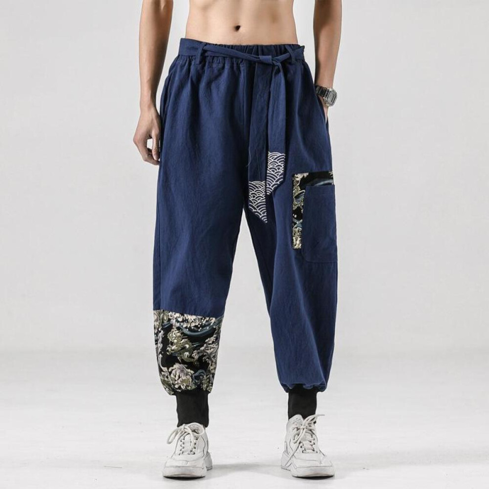(navy blue, XXXXXL) Men Cotton Linen Samurai Costume Ukiyo-e Print Belt Retro Harem Pants Haori Baggy Trousers Harajuku Hip Hop
