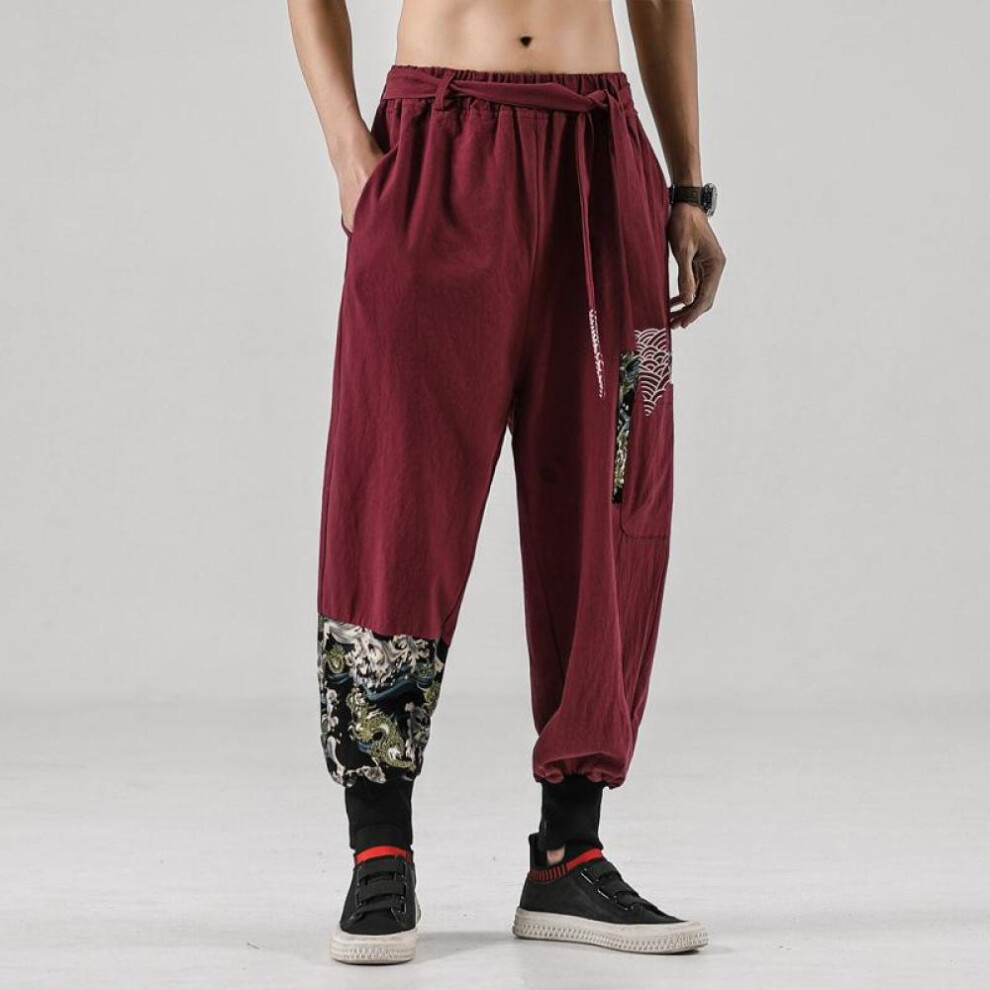 (red, XXL) Men Cotton Linen Samurai Costume Ukiyo-e Print Belt Retro Harem Pants Haori Baggy Trousers Harajuku Hip Hop