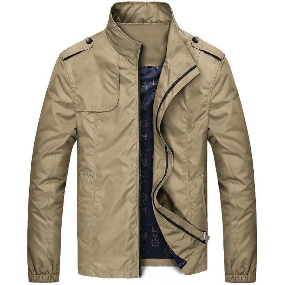 (khaki, L) Spring And Autumn Men&apos;s Jacket Loose Top Casual Jacket Breathable Lightweight Trench Coat Standing Collar Solid Color Large Casual