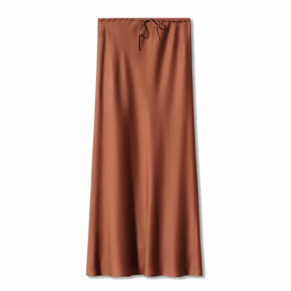 (brown, L) A Line Long Satin Skirts For Women Black Elegant High Waist Maxi Beige Skirts Silk Lace Up Long Skirt Women