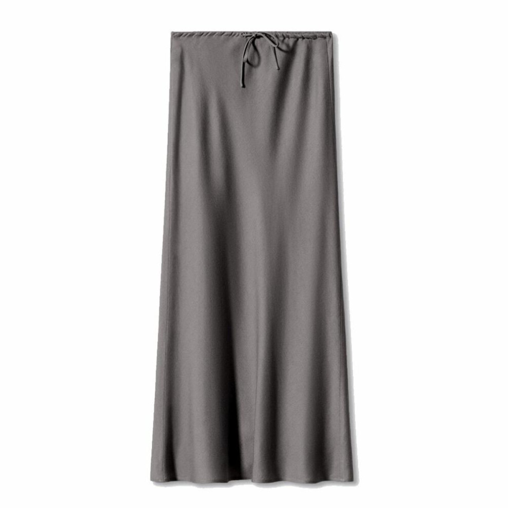 (grey, XL) A Line Long Satin Skirts for Women Black Elegant High Waist Maxi Beige Skirts Silk Lace Up Long Skirt Women