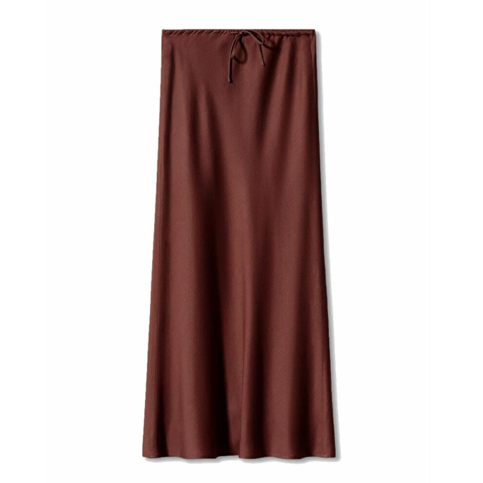 (chocolate, L) A Line Long Satin Skirts for Women Black Elegant High Waist Maxi Beige Skirts Silk Lace Up Long Skirt Women