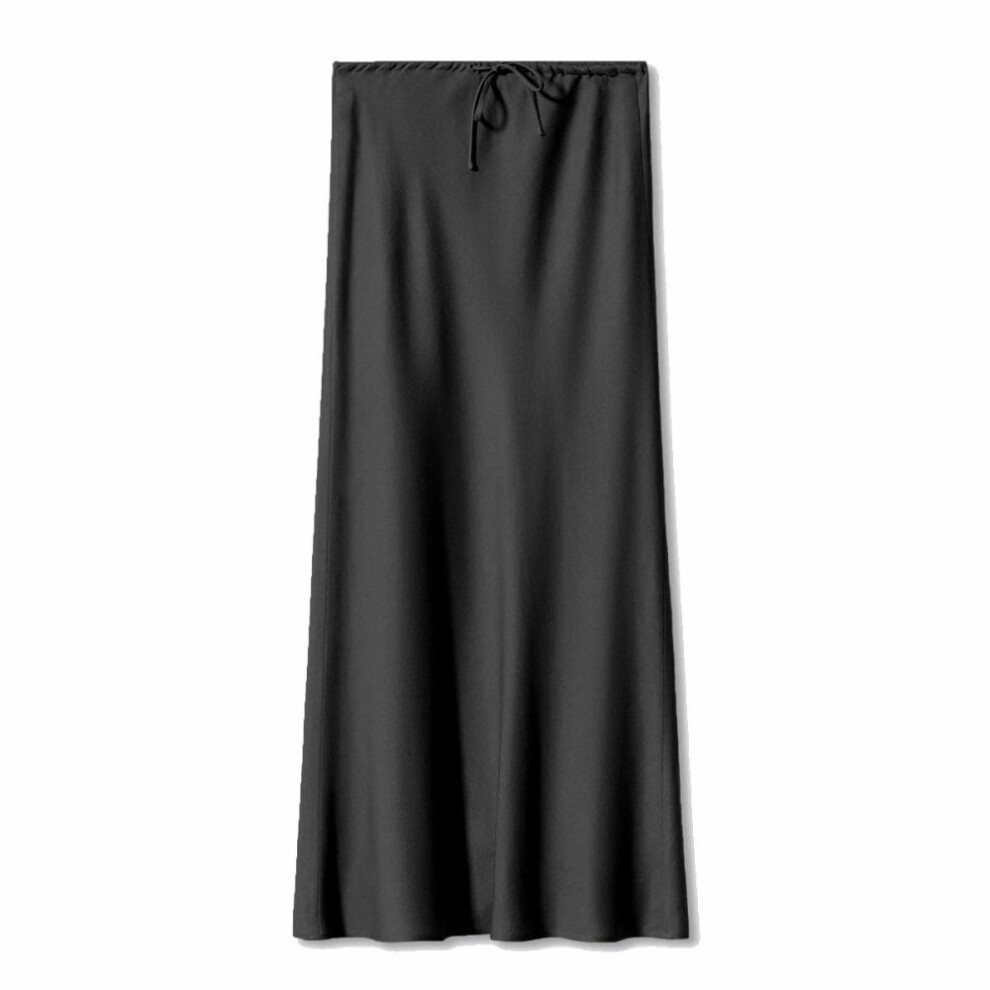 (black, L) A Line Long Satin Skirts For Women Black Elegant High Waist Maxi Beige Skirts Silk Lace Up Long Skirt Women