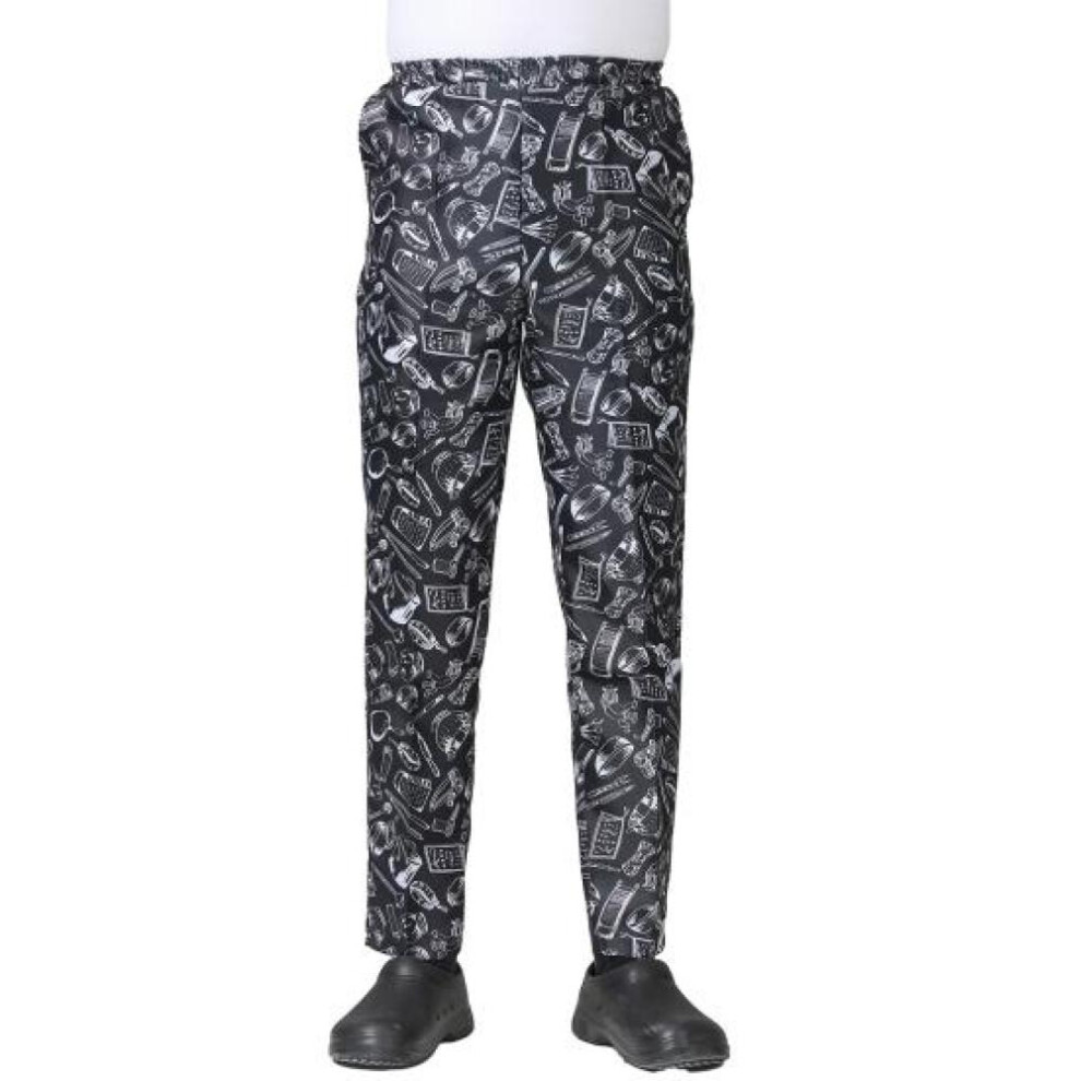 (black white, L) Chef Pants Unisex Loose Elastic Waist Soft Pockets Stretchy Service Cook Restaurant Uniform Waiter