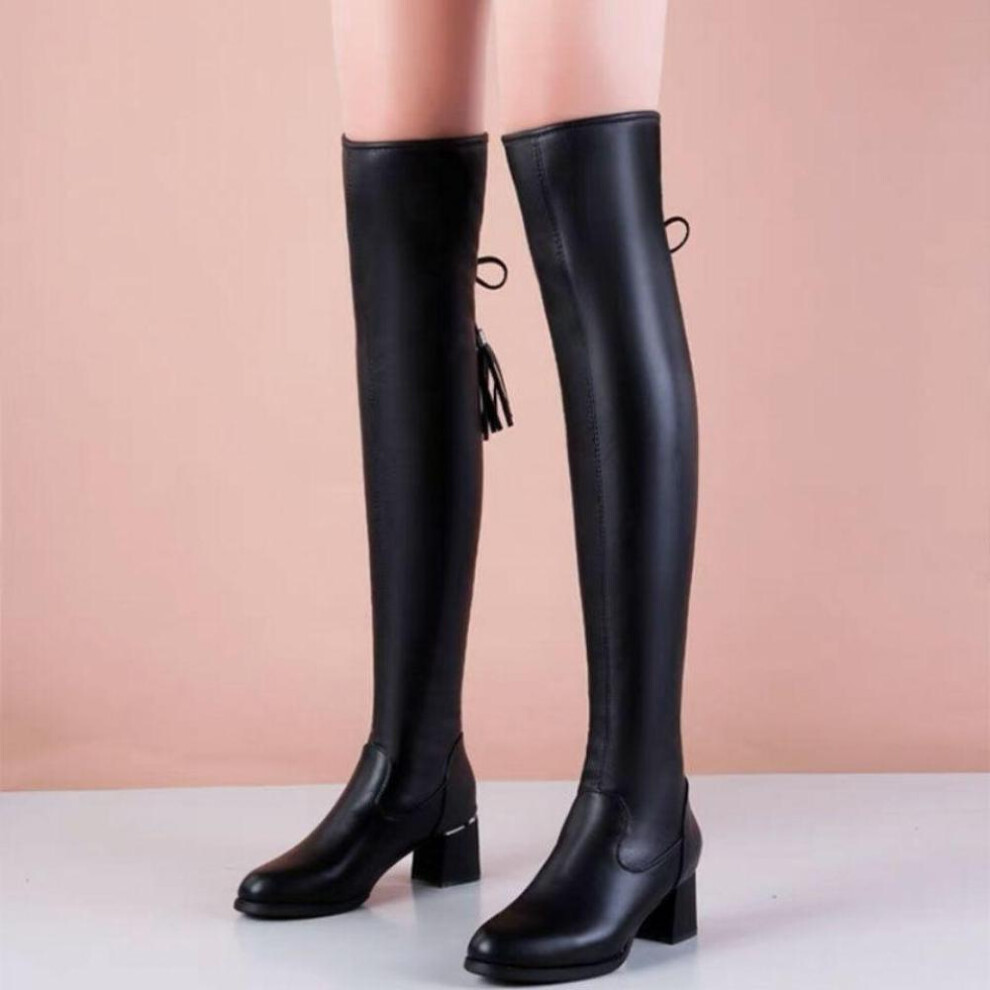 (black, 36) Winter Plush Women&apos;s Boots Long Boots For Women  Soft Leather Elastic Boots  Slim And Tall  Pointed Leather Boots  Fashionable Knee Boots