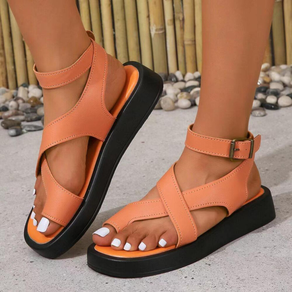 (orange, 36) Women&apos;s Sandals Round Toe Buckle Sandals Casual Roman Style Sandals