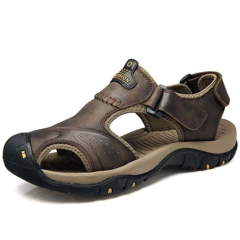 (dark brown, 39) Men Sandals Genuine Split Leather Men Beach Roman Sandals Brand Men Casual Shoes Flip Flops Men Slippers Sneakers Summer Shoes