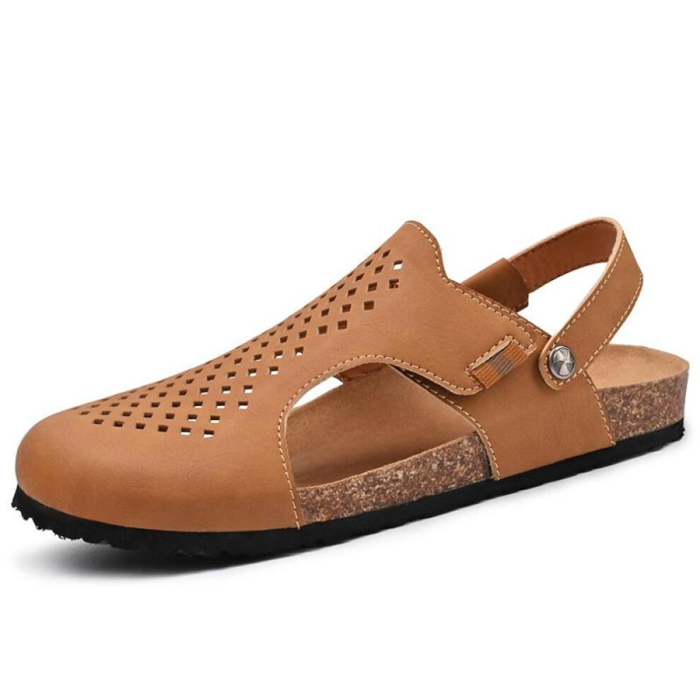 (brown, 43) Handmade Genuine Leather Men&apos;s Cork Sandals Beach Flip Flop Summer Men&apos;s Shoes