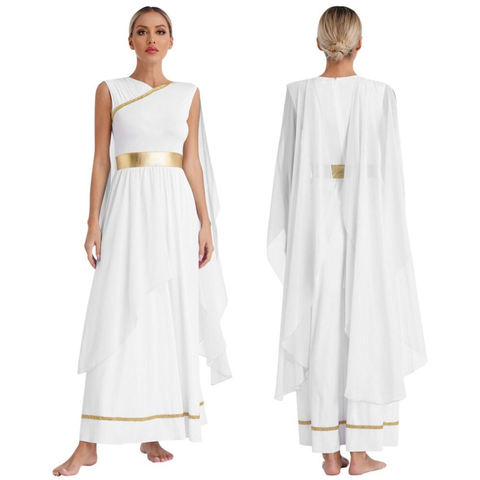 (white, XXL) Women's Roman Antique Greek Costume Metallic Patchwork Long Elegant Dress Carnival Party Chiffon Robe