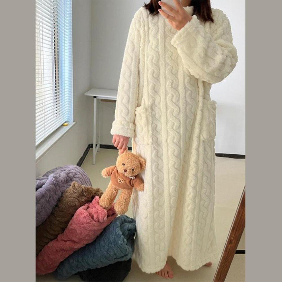 (white, M) Women Plus Size Thickened Flannel Sleepwear Nightgowns Solid Color Night Dress Jacquard Dress Warm