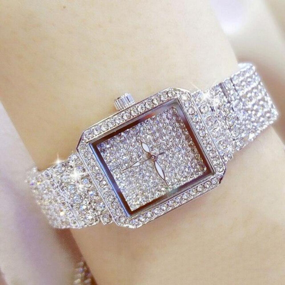 (silver, watch) Full Diamond Quartz Women Silver Watches Luxury Brand Crystal Square Female Wristwatch Rhinestone Ladies Clock