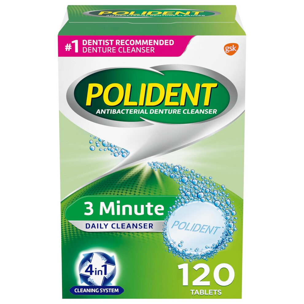 Polident 3 Minute Triple Mint Antibacterial Denture Cleanser Effervescent Tablets, 120 Count