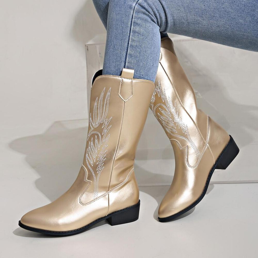 (gold, 38) Autumn Winter Women Boots For Womens Boots Ankle Boots Low Heels Women Western Cowboy Boots Shoes Plus Size 36-43