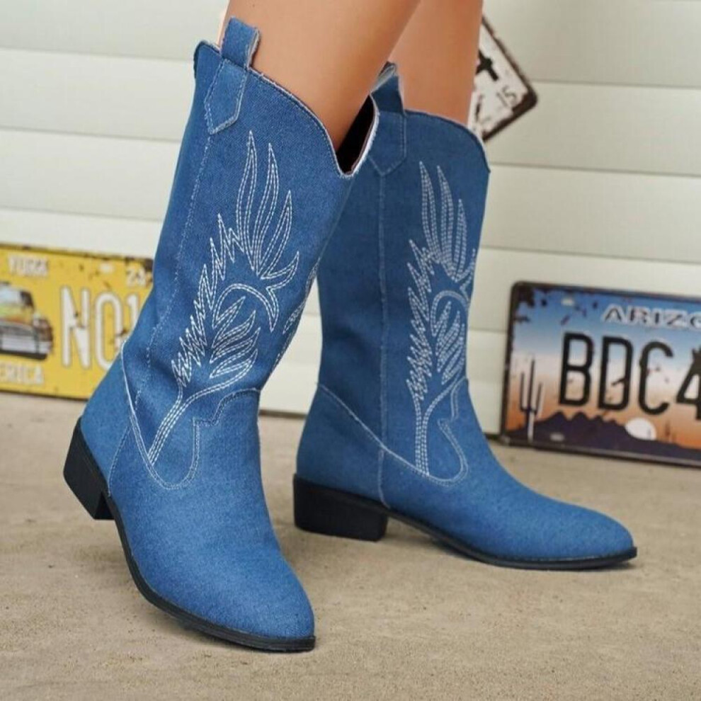 (denim blue, 38) Autumn Winter Women Boots For Womens Boots Ankle Boots Low Heels Women Western Cowboy Boots Shoes Plus Size 36-43