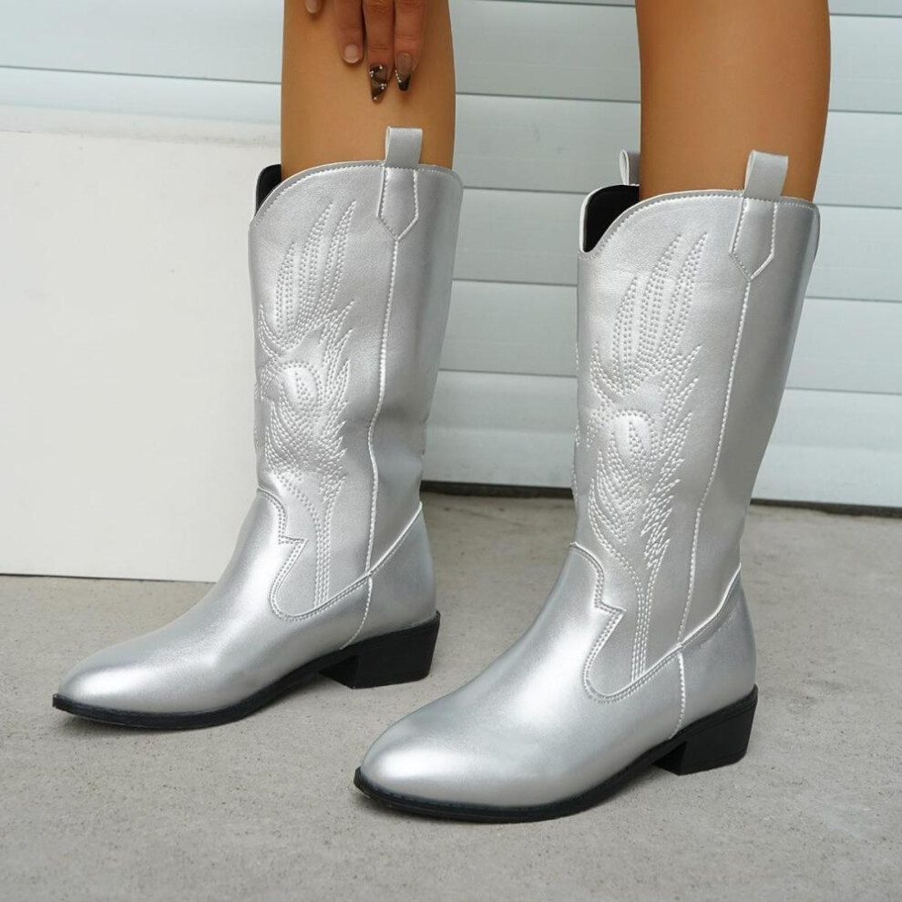 (silver, 36) Autumn Winter Women Boots for Womens Boots Ankle Boots Low Heels Women Western Cowboy Boots Shoes Plus Size 36-43