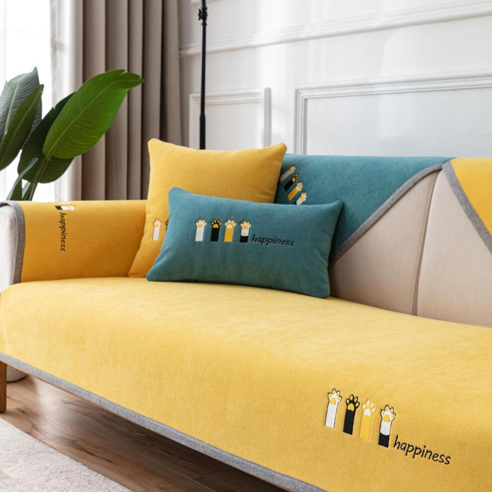 (yellow, 110*160) Four Seasons Universal Chenille Sofa Towel Cute Cat Paw Fabric Sofa Cushion Non-slip Sofa Release