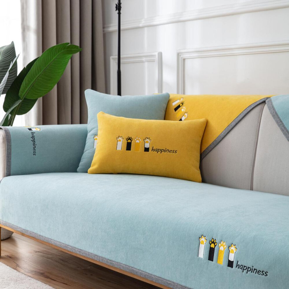 (light blue, 90*180) Four Seasons Universal Chenille Sofa Towel Cute Cat Paw Fabric Sofa Cushion Non-slip Sofa Release