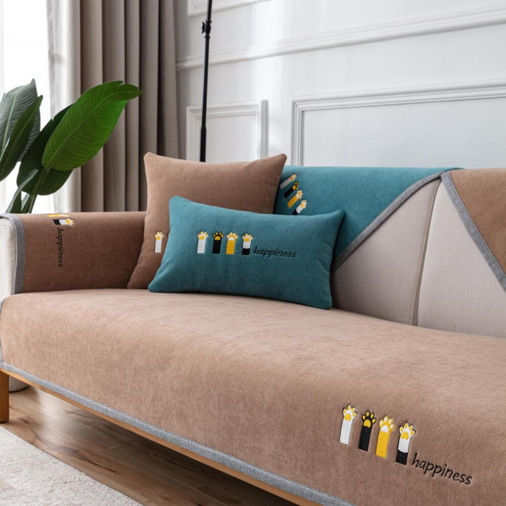 (coffee, 90*180) Four Seasons Universal Chenille Sofa Towel Cute Cat Paw Fabric Sofa Cushion Non-slip Sofa Release