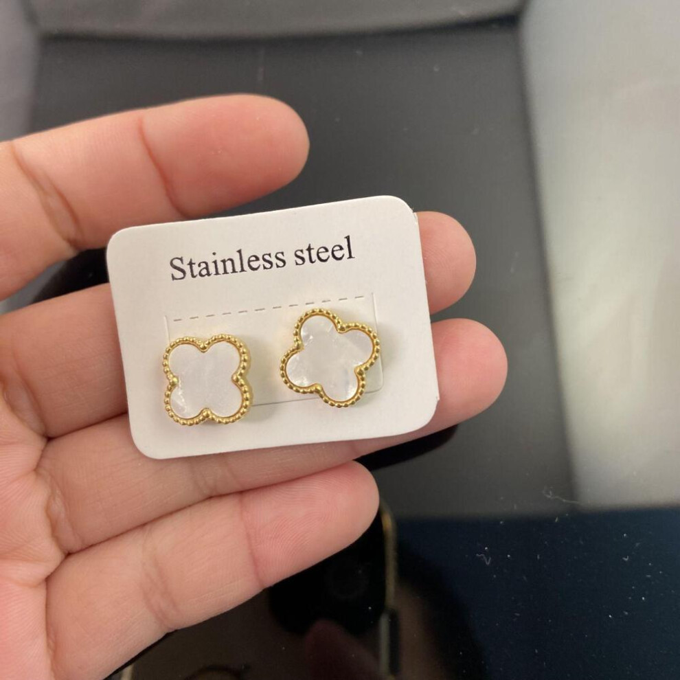 (White) Fade Resistant Titanium Steel Four-Leaf Clover Earrings Allergy Proof 18 K Gold High-Grade Earrings, The Best Gift For Friends White,Gold