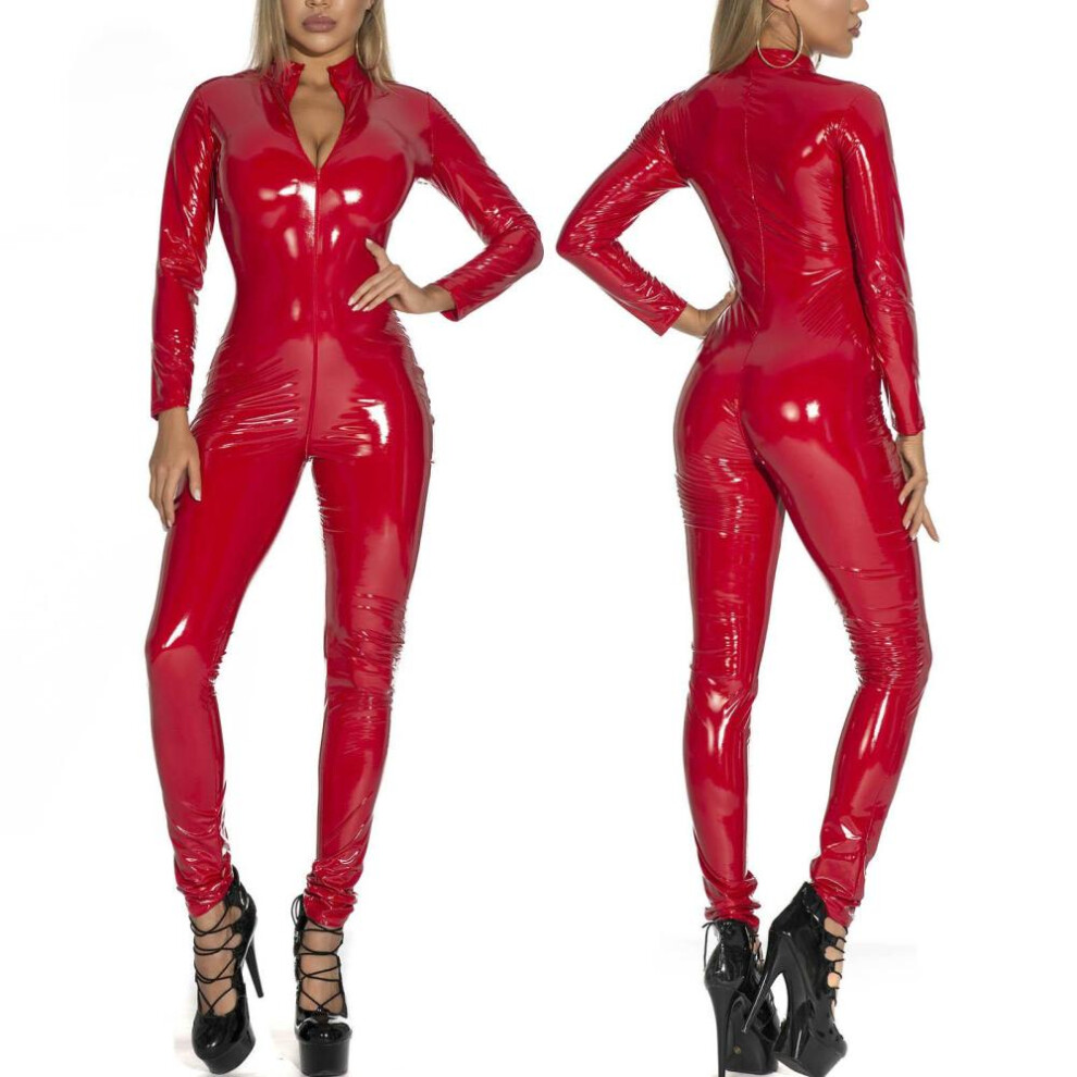 (red, L) Women&apos;s Wetlook Leather Zipper Bodycon Bodysuit Rompers One Piece Jumpsuit Leotard Long Sleeve Catsuit Clubwear
