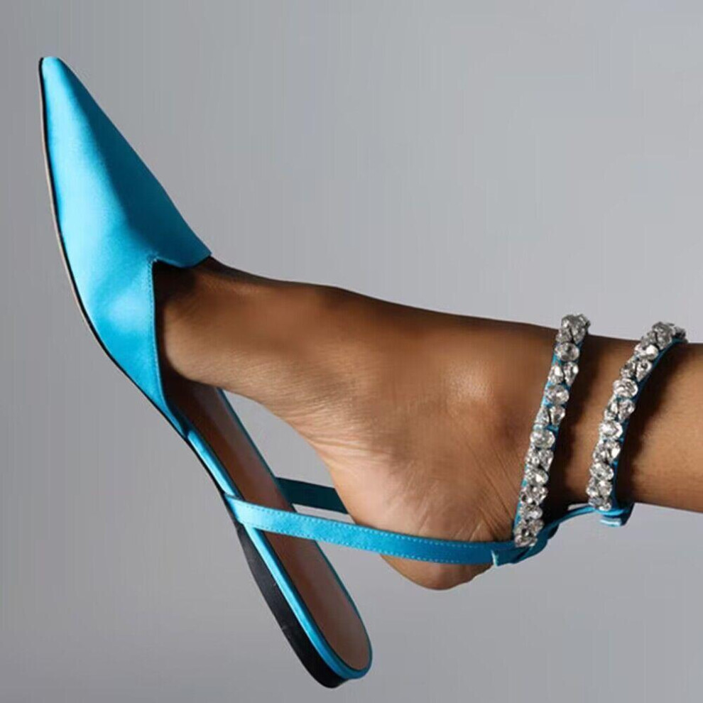 (blue, 37) Sandals Women&apos;s 2024 Summer Pointed Toe Rhinestones Sexy Strappy Flat Sandals Women