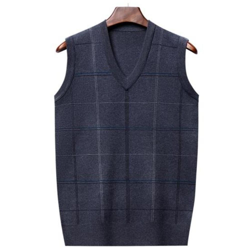 (grey, M) Men Fall Spring Sweater Vest Knitted Loose Pullover V Neck Plaid Print Elastic Soft Warm Mid-aged Father Grandfather Sweater Vest