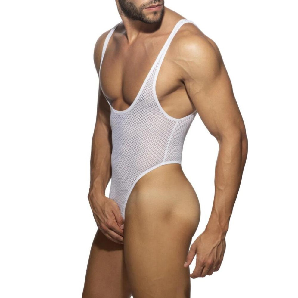 (white,white, M) Men&apos;s Erotic Bodysuits One-piece Ergonomic Shape Gay Lace T-pants Thongs Sexy Translucent High-slit Underwear