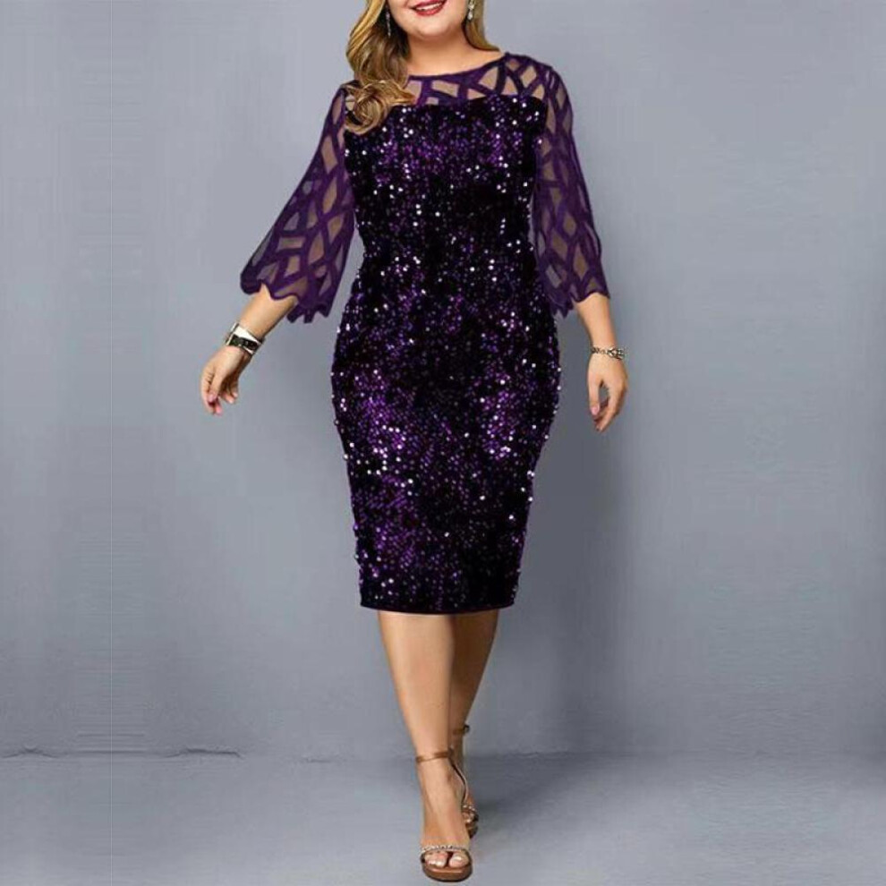 (purple, XXXL) Party Dress Plus Size Ladies Midi Sequin Mesh Long Sleeve Lace Elegant Bodycon Xl-5xl Evening Dress