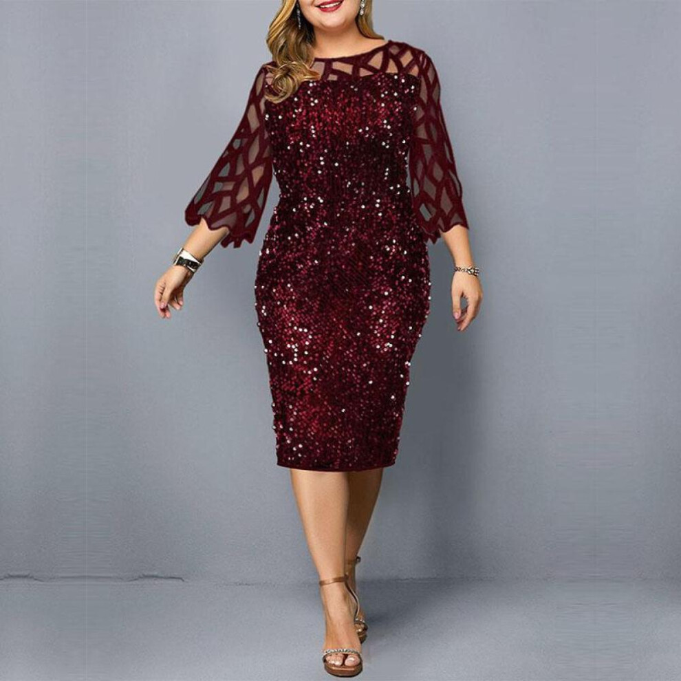(red, 5XL) Party Dress Plus Size Ladies Midi Sequin Mesh Long Sleeve Lace Elegant Bodycon XL-5XL Evening Dress