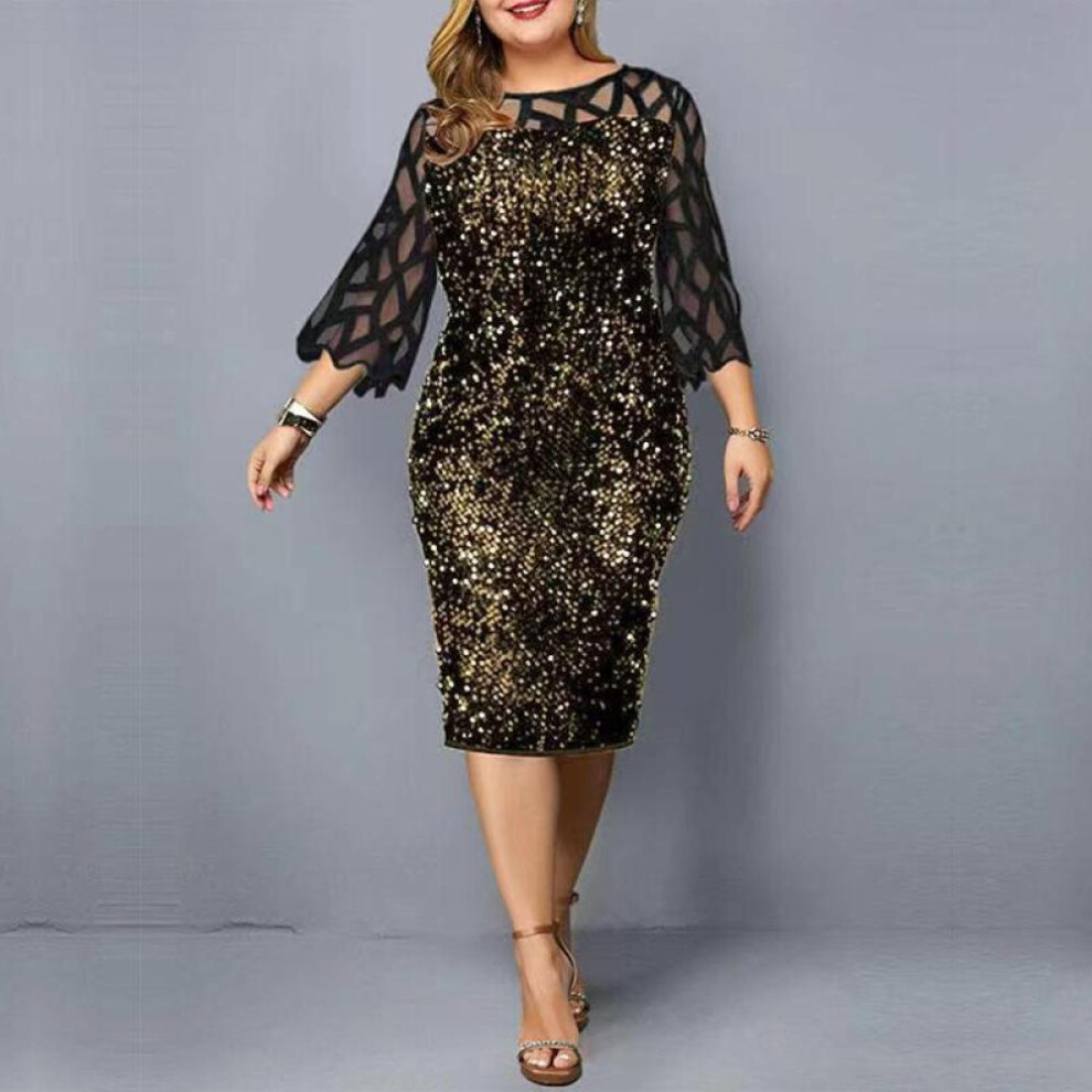 (gold, 5XL) Party Dress Plus Size Ladies Midi Sequin Mesh Long Sleeve Lace Elegant Bodycon Xl-5xl Evening Dress