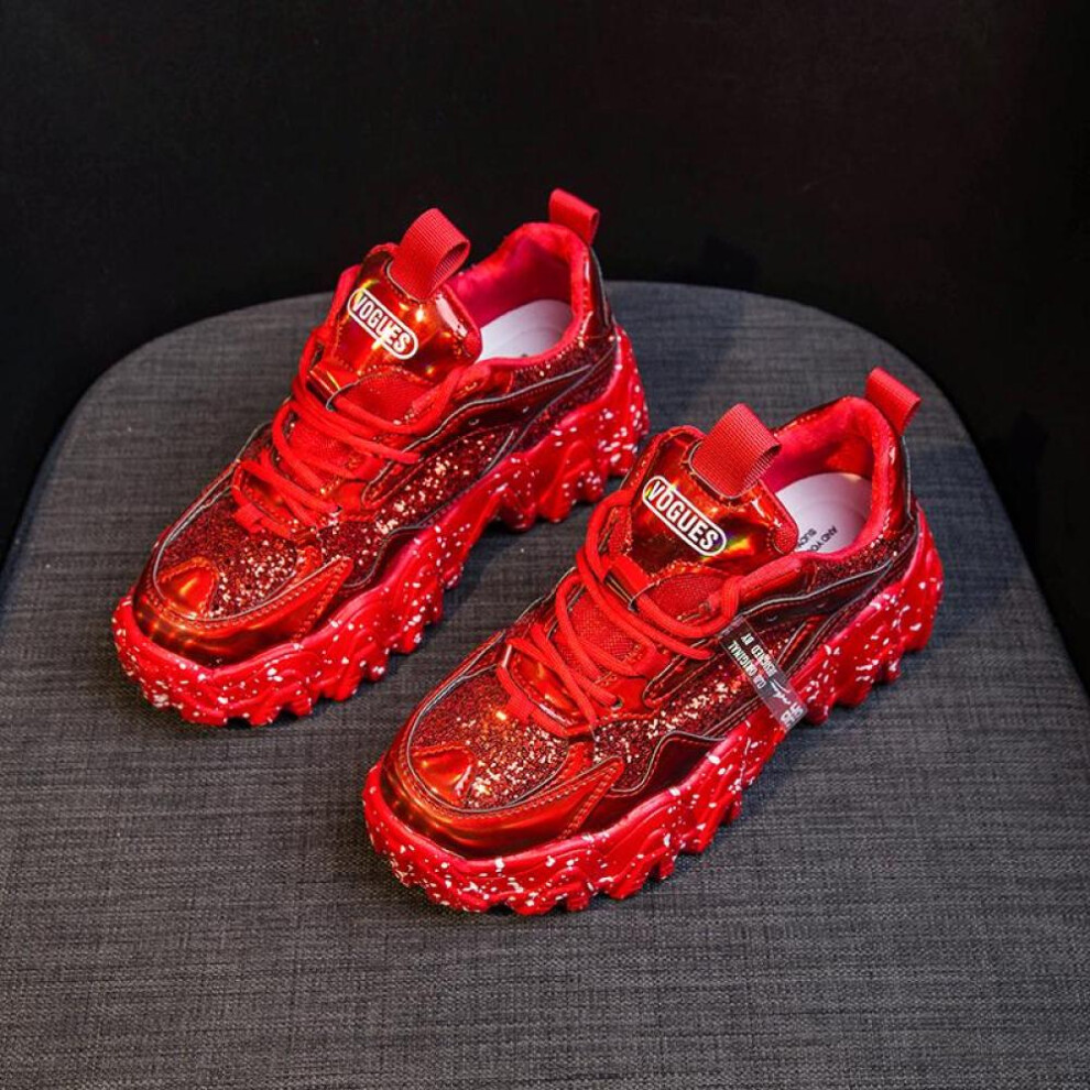 (red, 35) Tuinanle Reflective Chunky Sneakers Women Fashion Glitter Bling Vulcanized Shoes Woman Designer Platform Sneakers Shoes