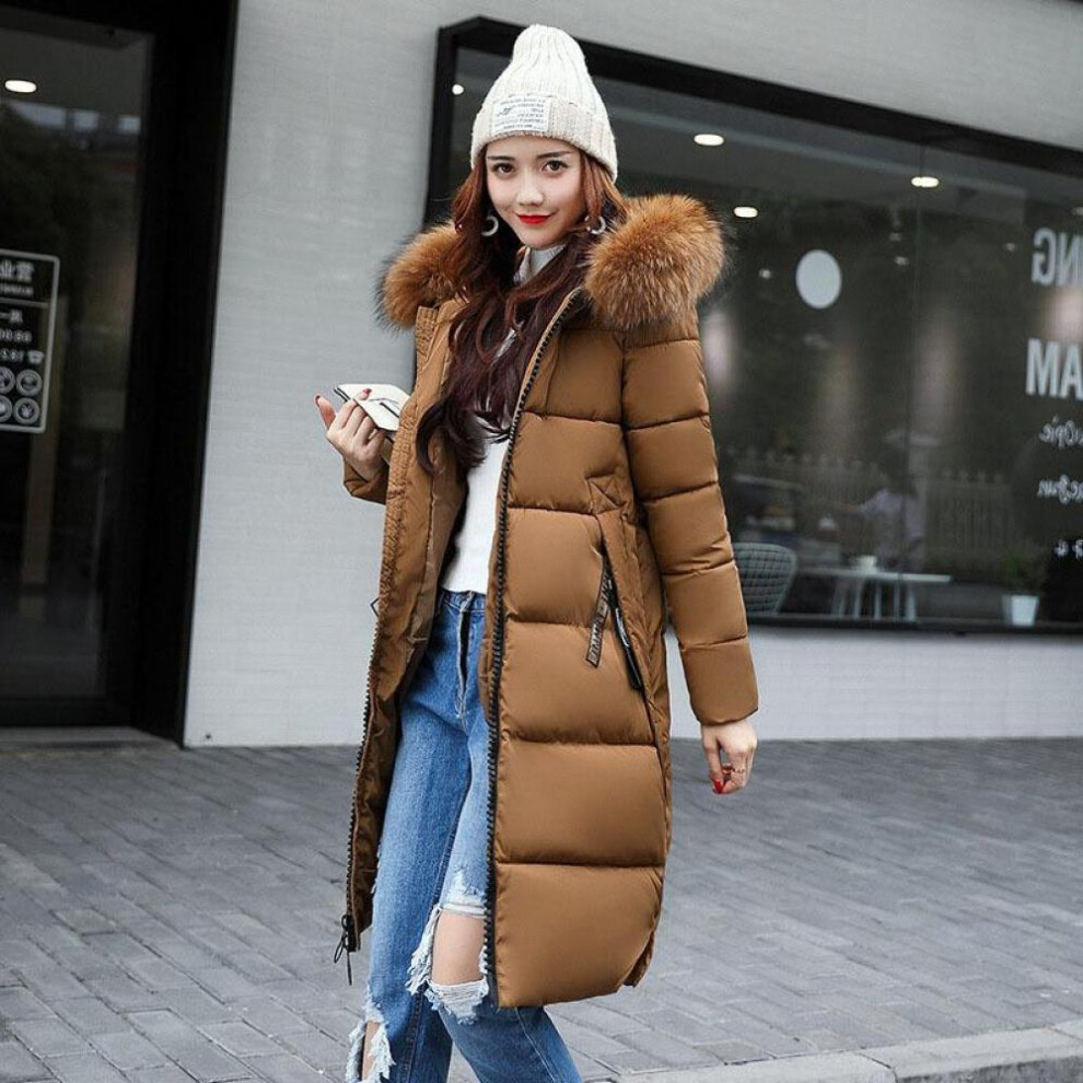 (brown, M) Winter Coats Women Down Jackets Long Solid Color Coat Female Jacket Thick Warm Outerwear Woman Parkas Clothes Zip Fur Collar Hooded Coats