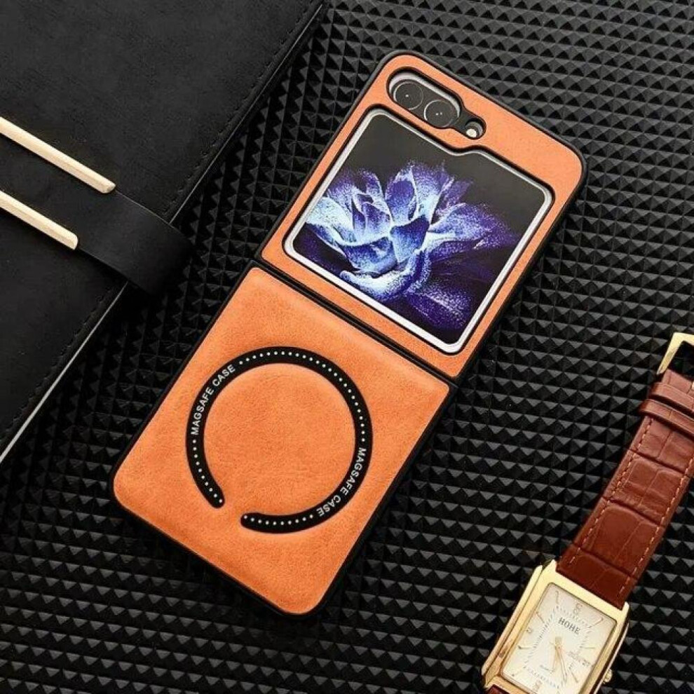 (black, For  Z Flip 4) Leather for Magsafe Magnetic Wireless Charge Phone Case for Samsung Galaxy Z Flip 5 4 3 Flip5 Flip4 Flip3 5G Shockproof Cover