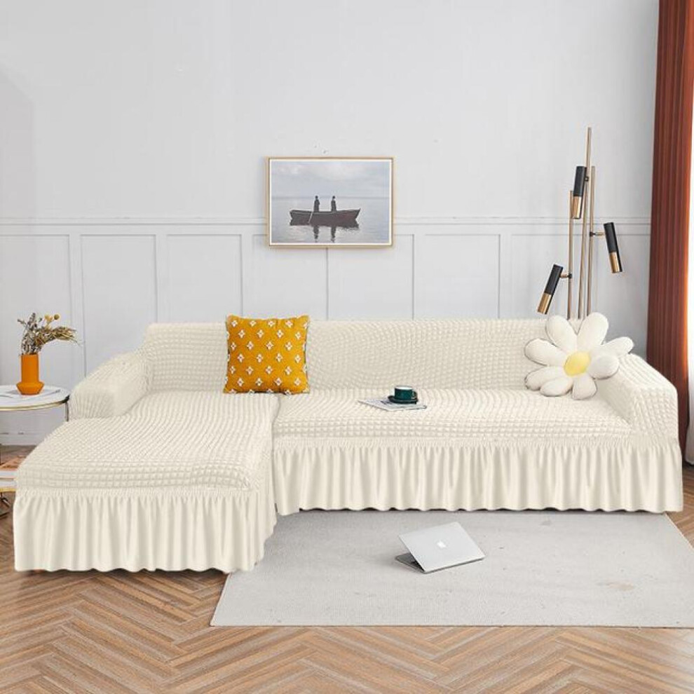 (ivory, Part AA 135-170cm) Seekers Skirt Sofa Cover L -shaped Plain Striped Pattern Sofa Cover Living Room Elastic Ruffle Corner Sofa Cover