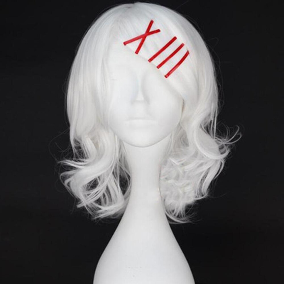 (as the picture, Wig&5pcs Headwear) Anime Tokyo Ghoul Juzo Suzuya Juuzou Pure White Heat Resistant Cosplay Costume Wig + 5 Red Hairpins+wig Cap