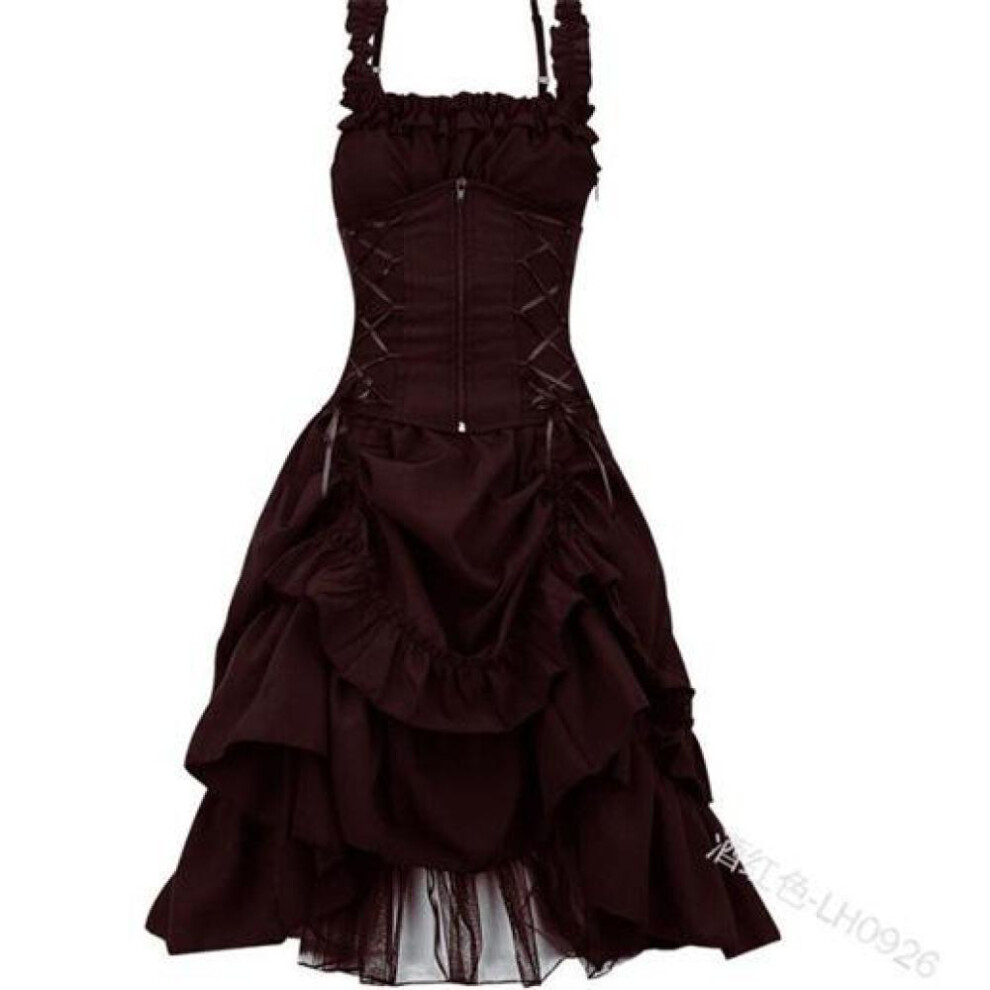 (wine red, XXL) Womens Gothic Dress Woman Classic Black Layered Lace-up Goth Lolita Corset Waist Shaper Sling Strap Sleeveless Dress Witch Dress