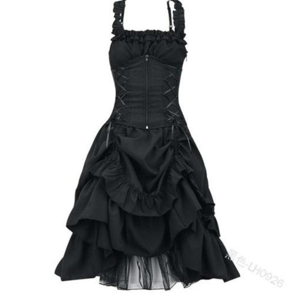 (black, S) Womens Gothic Dress Woman Classic Black Layered Lace-up Goth Lolita Corset Waist Shaper Sling Strap Sleeveless Dress Witch Dress
