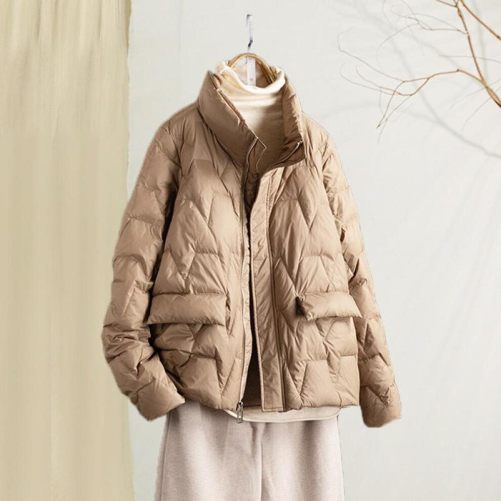 (khaki, S) Winter Pure Color Pressing Zipper Stand Up Collar White Duck Down Jacket Women's Coat