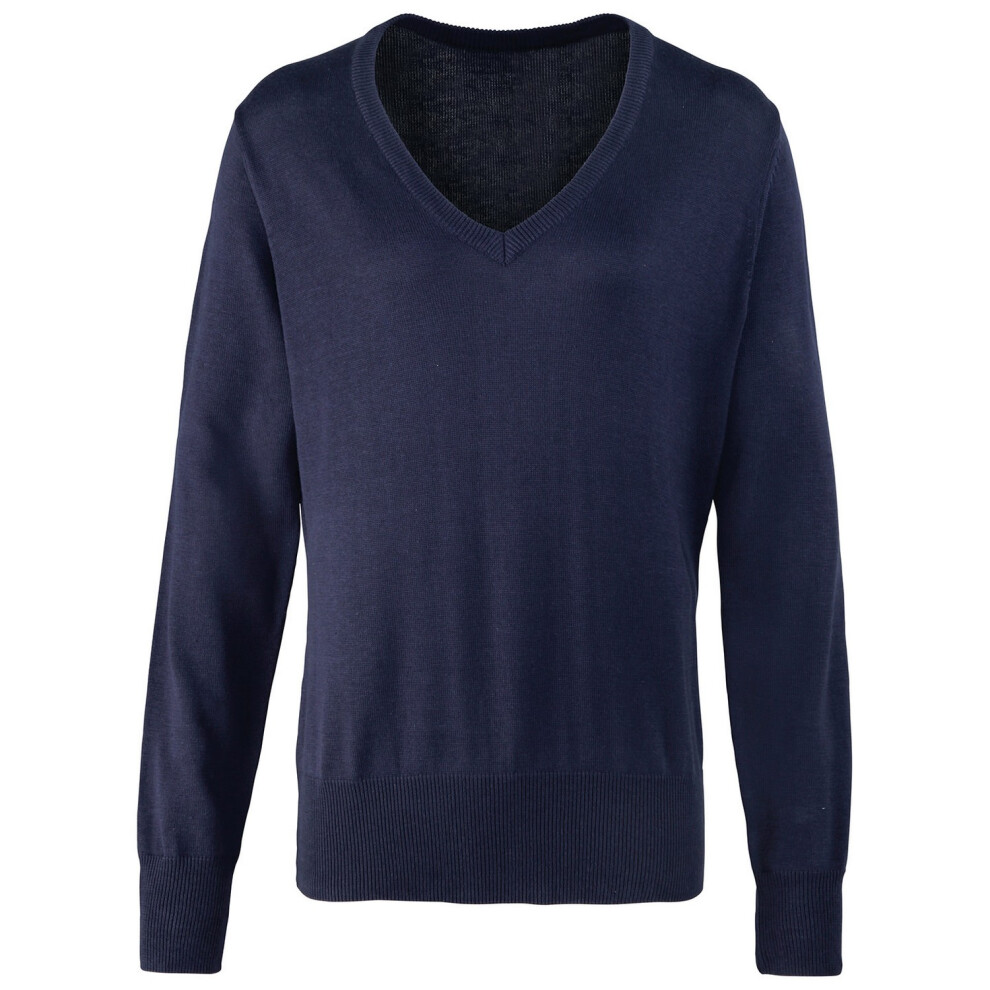 (20 UK, Navy) Premier Womens/Ladies Knitted Cotton Acrylic V Neck Sweatshirt